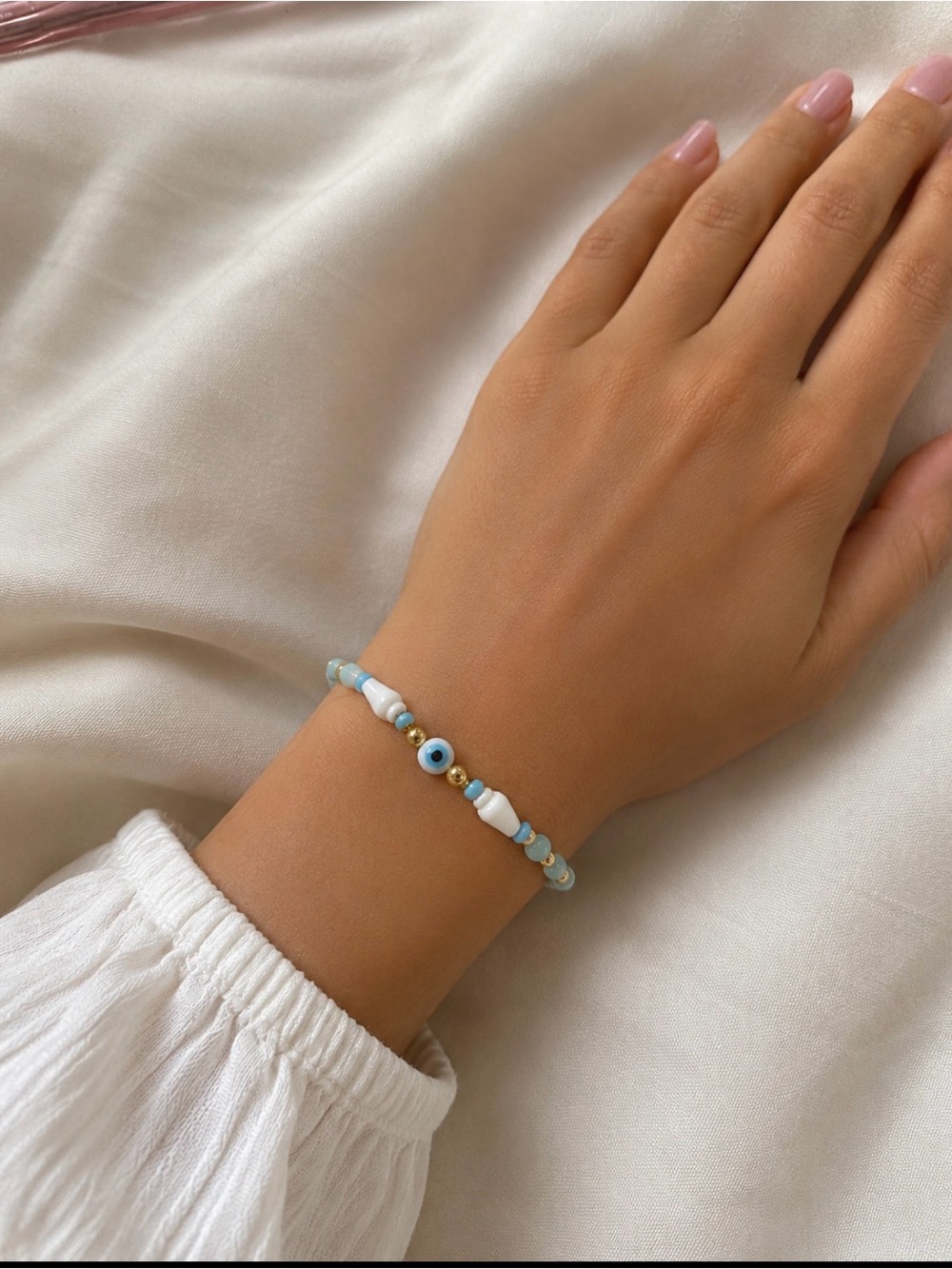 Delicate Blue and White gem stone Beaded Evil Eye Bracelet - Women Jewelry